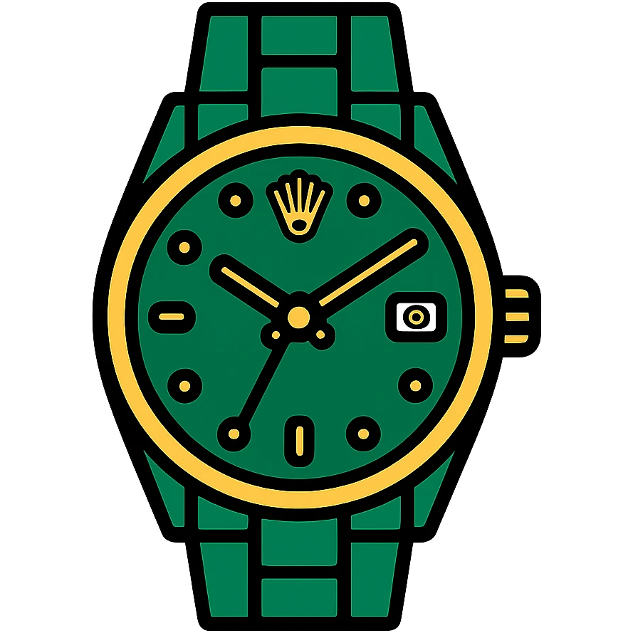 Rolex watch, minimalist, flat icon, green and gold, modern style emoji