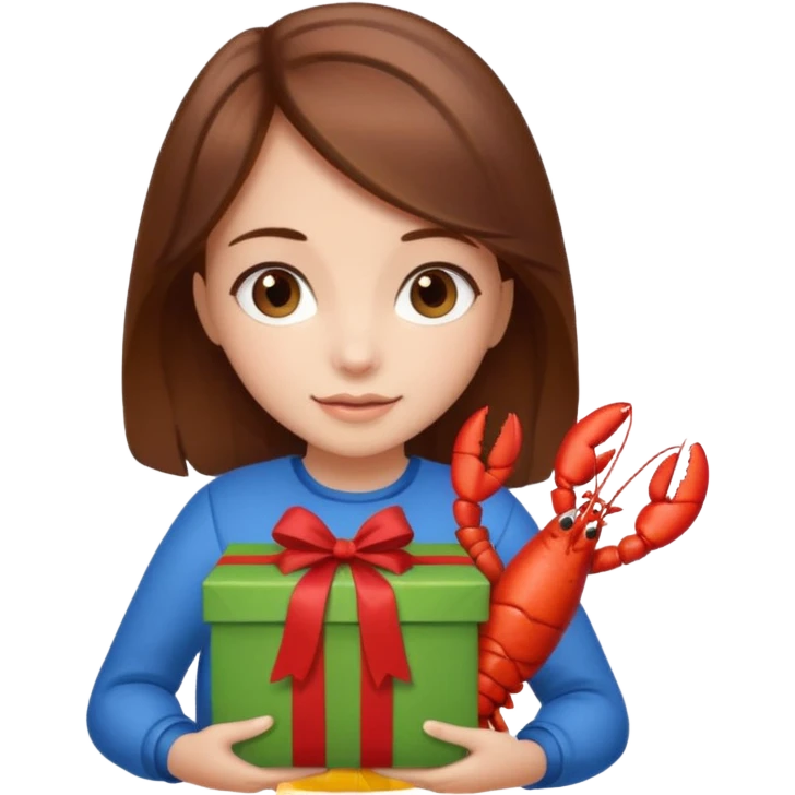 Cute girl brown hair holding gift bag with lobster inside emoji