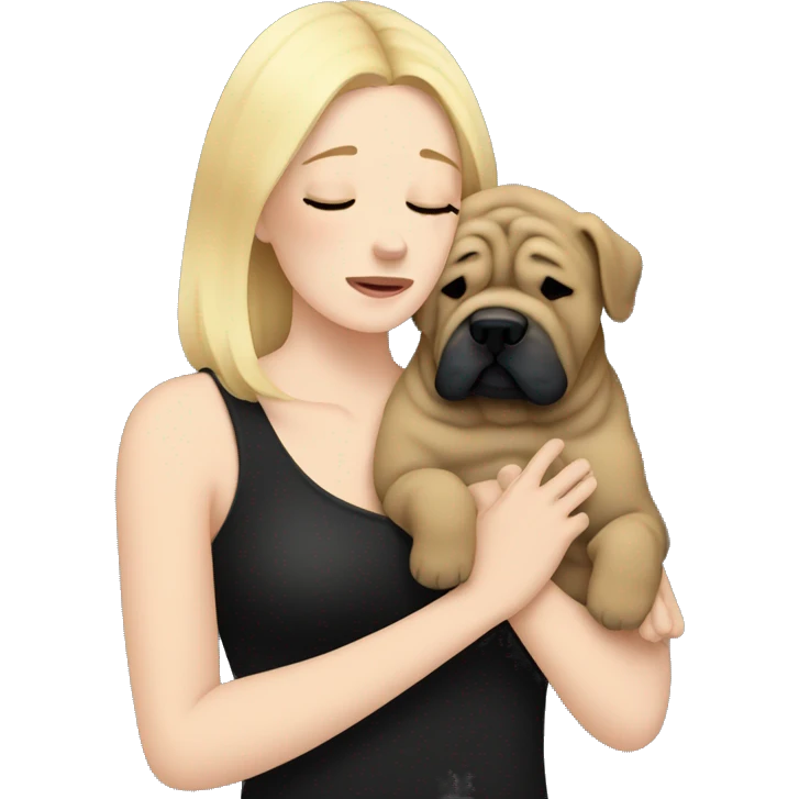 Blonde woman in black top crying and cuddling blue Shar Pei  emoji