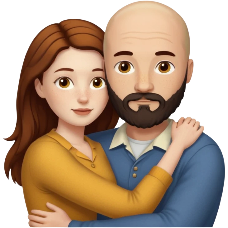 Couple. Bald man with dark brown-black beard. White woman with many small, faded freckles, she has white skin and she has auburn-yellow-brown-cinnamon, dark long hair. She has light brown eyes. The man have hazel eyes. Retro style. They hug. emoji