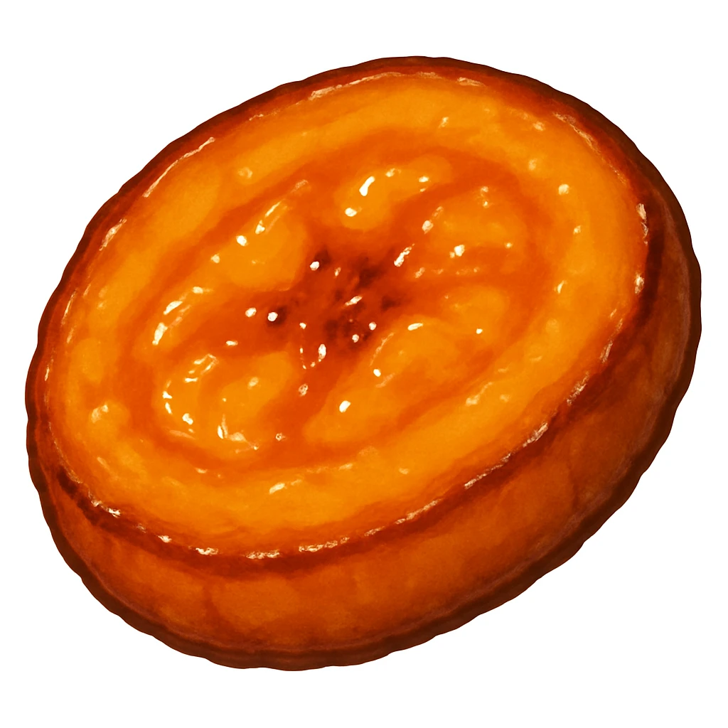 A single fried sweet plantain slice (tajada) with golden edges and a caramelized texture, looking juicy and appetizing with a glossy finish to show its frying, in the style of WhatsApp emojis. emoji