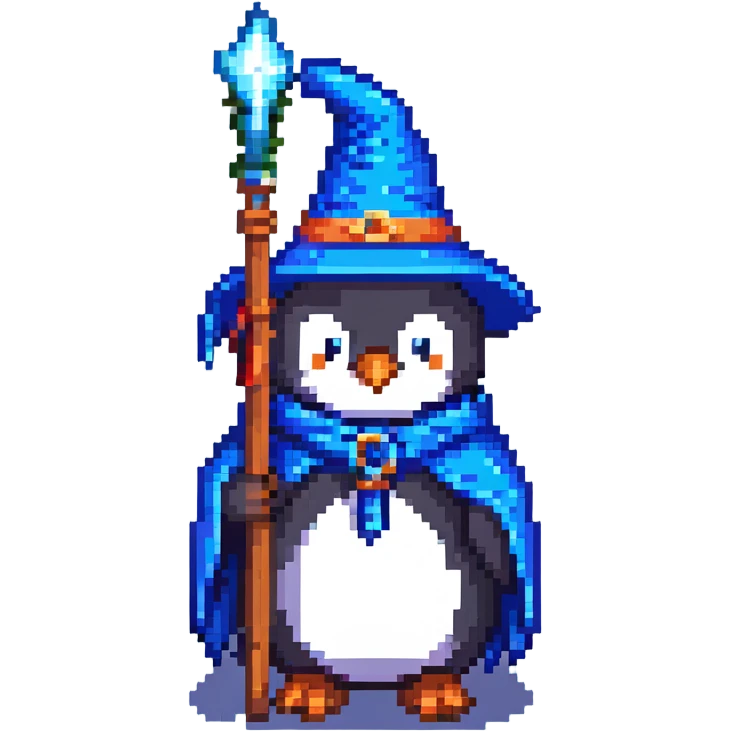 pixel art penguin wizard with a blue robe and staff emoji