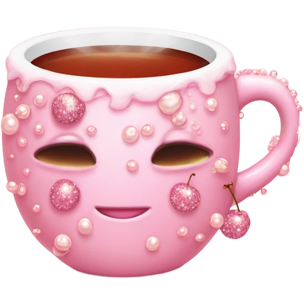 soft pink mug filled with steaming hot cherry tea, decorated with blush pink pearl and sparkly embellishments (aesthetic, cute) emoji