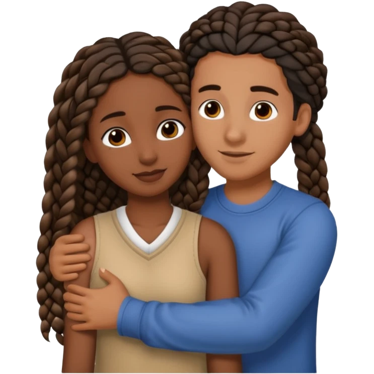 dark skin, black girl with black and brown braids, hugging her middle eastern boyfriend with wavy straight brown hair and medium to light skin emoji