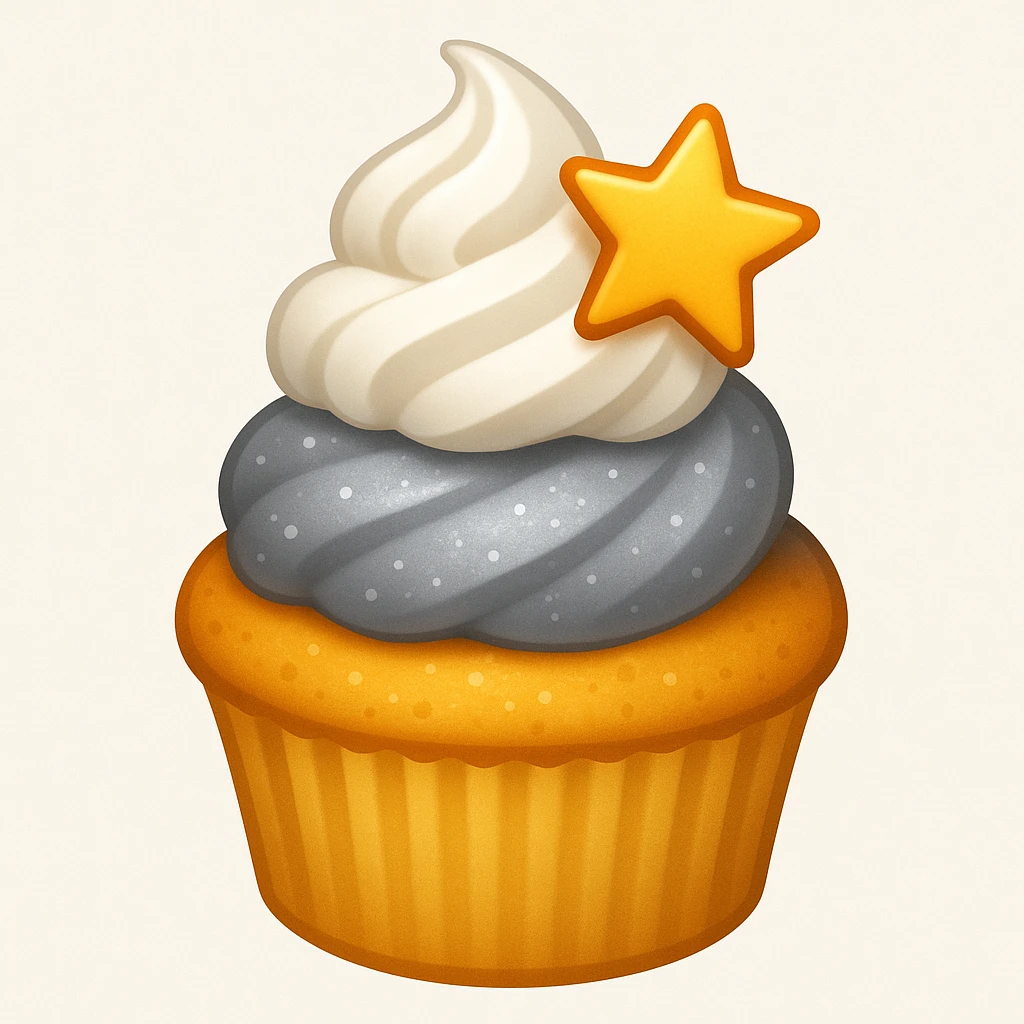Add a swirl of whipped cream and a star-shaped sprinkle to the cupcake with silver frosting and a star-shaped candy in emoji style. emoji