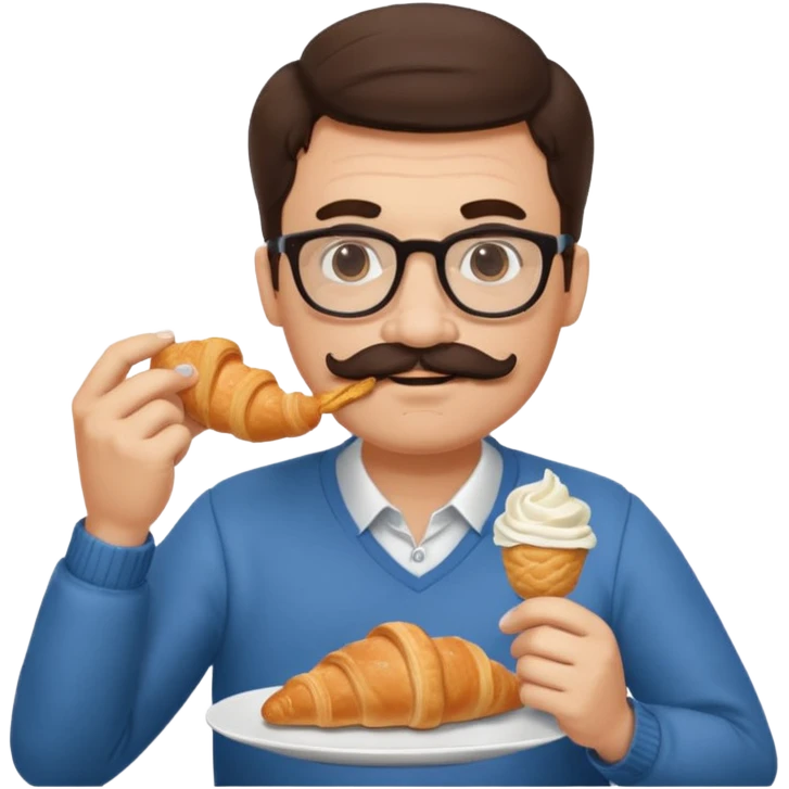 brunette man with glasses and moustache eating croissant emoji