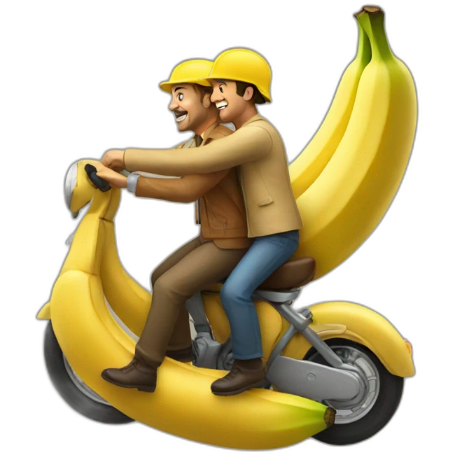 Two men riding a banana emoji