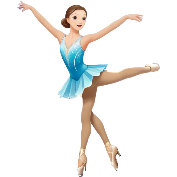 An colorful icon featuring a graceful figure skater performing a spin on the ice. The background includes a grand ice rink palace with shining spotlights and cheering spectators in the stands. Transparent background highlights the elegance and artistry of figure skating emoji