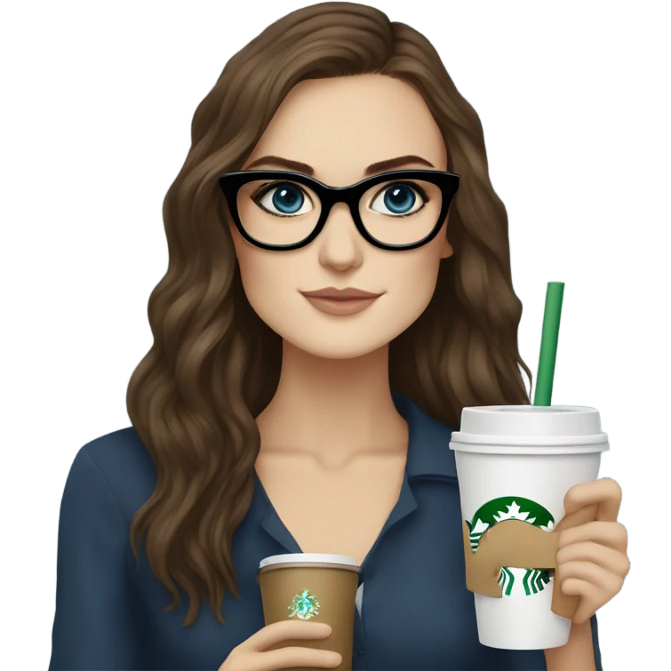 Photo of elegant Keira Knightly wearing black glasses and blue eyes holding Starbucks  emoji
