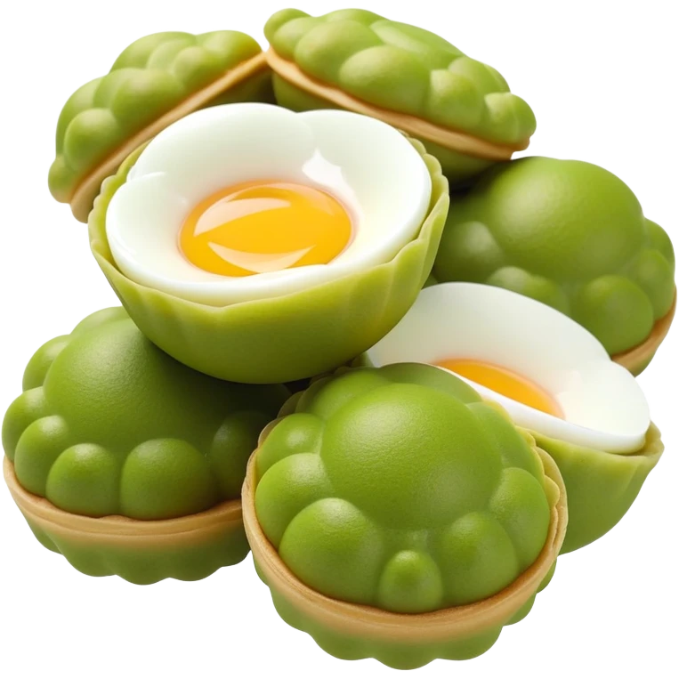 3D rendered matcha green Hong Kong egg puffs (鸡蛋仔) with authentic egg-shaped bubble pattern, vibrant green color, hyper-realistic texture, glossy finish, detailed individual bubbles emoji