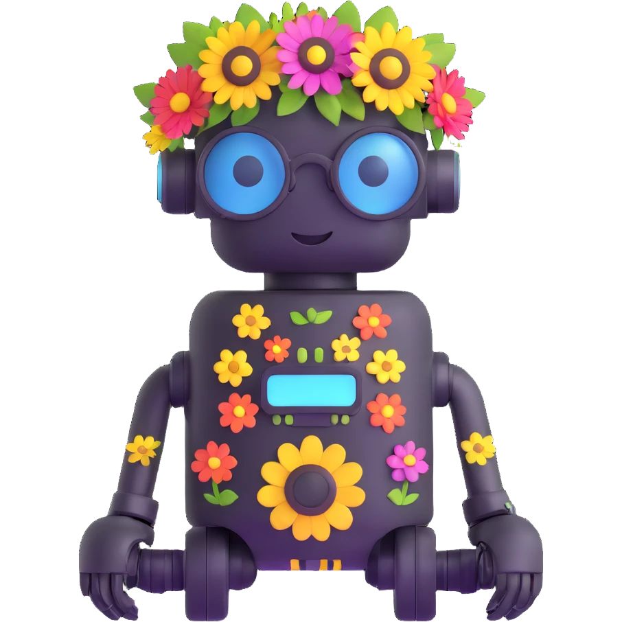hippie robot with round sunglasses and flower crown emoji