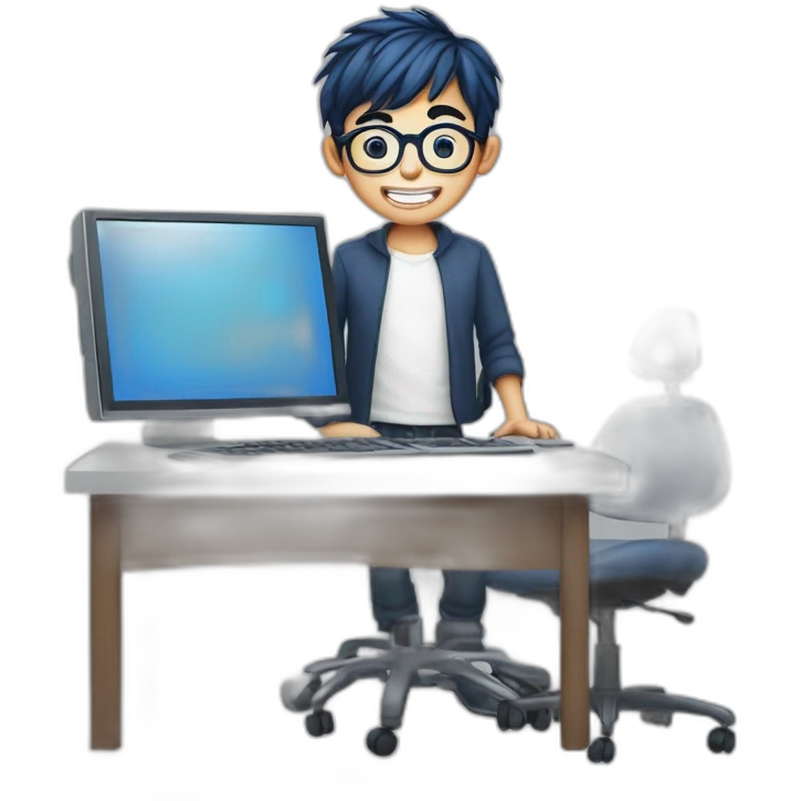 A boy with dark blue hair, round glasses and a dental appliance behind a computer. emoji