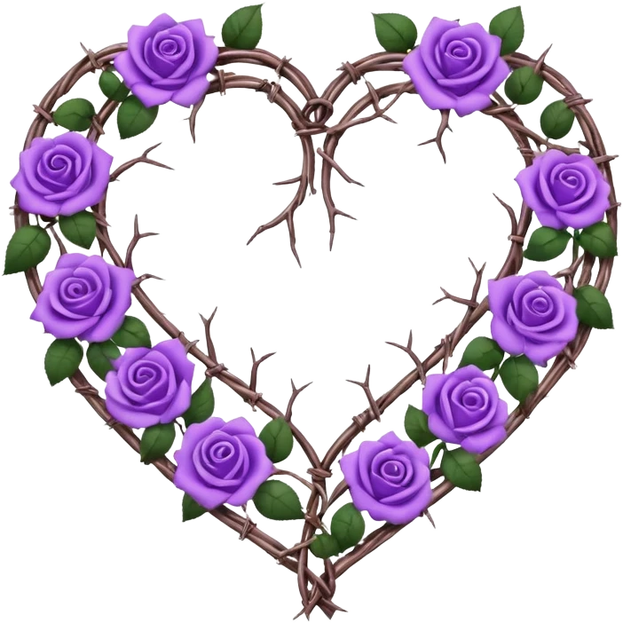 heart shape made out of barb wire vines with purple roses border with crystals hanging  emoji