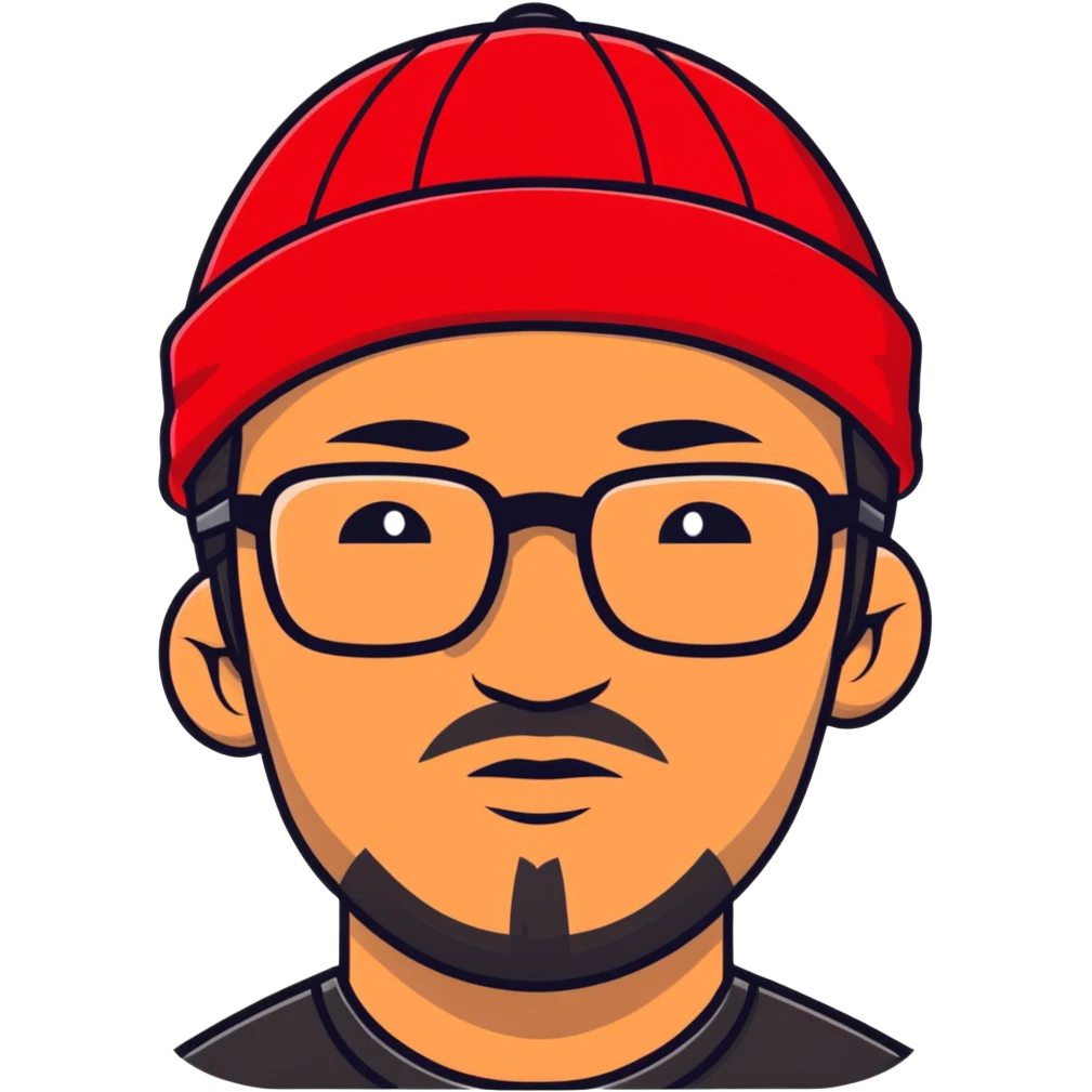 Asian man with black goatee, glasses, wearing a small red beanie emoji
