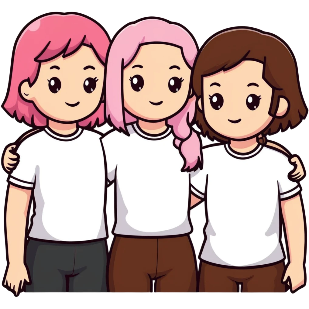 a black girl with dark brown hair next to a white girl with pink hair and a white girl with brown hair emoji