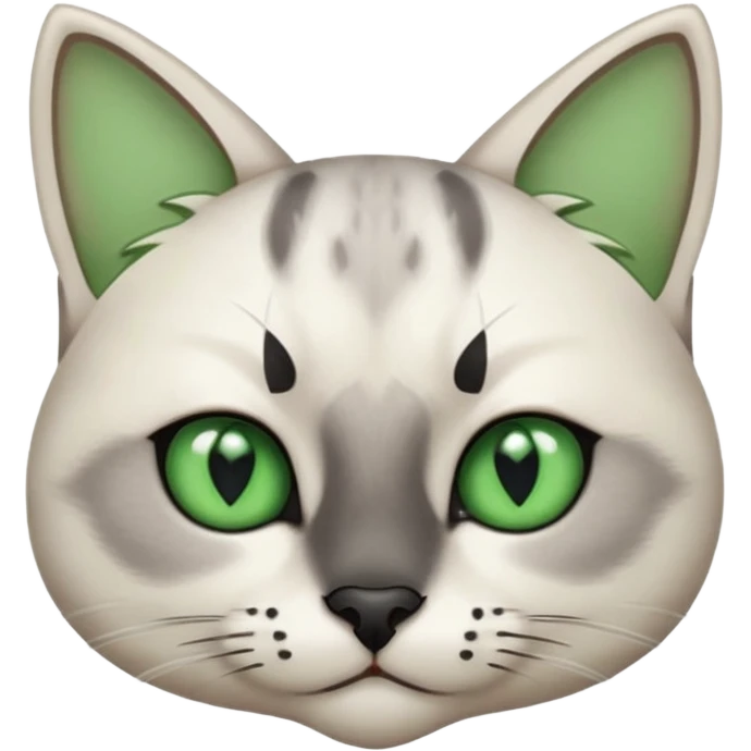 Haz una gata de ojos verdes la cara blanca con mancha negra en las orejas que agarra parte de la frente del lado der pero del iz va desde el ojo hasta la oreja la mancha, tiene la nariz negra en forma de corazón y todo lo que sobra de la cara, barbilla la nariz arriba y el lado de bigotes es blanca emoji