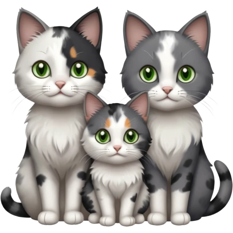 3 different coloured small cats including a dark grey and white, and a patchy calico with hazel eyes and a completely solid dark grey with green eyes and only white paws emoji