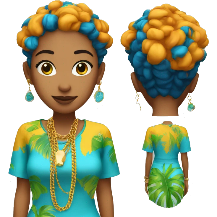 Person wearing funky tropical outfit collage with gold chain necklace and blue and ginger dyed hair emoji
