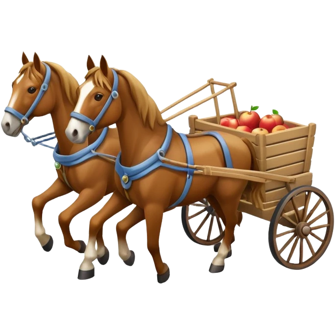 isometric two horses side by side pulling a cart, apple emoji style emoji