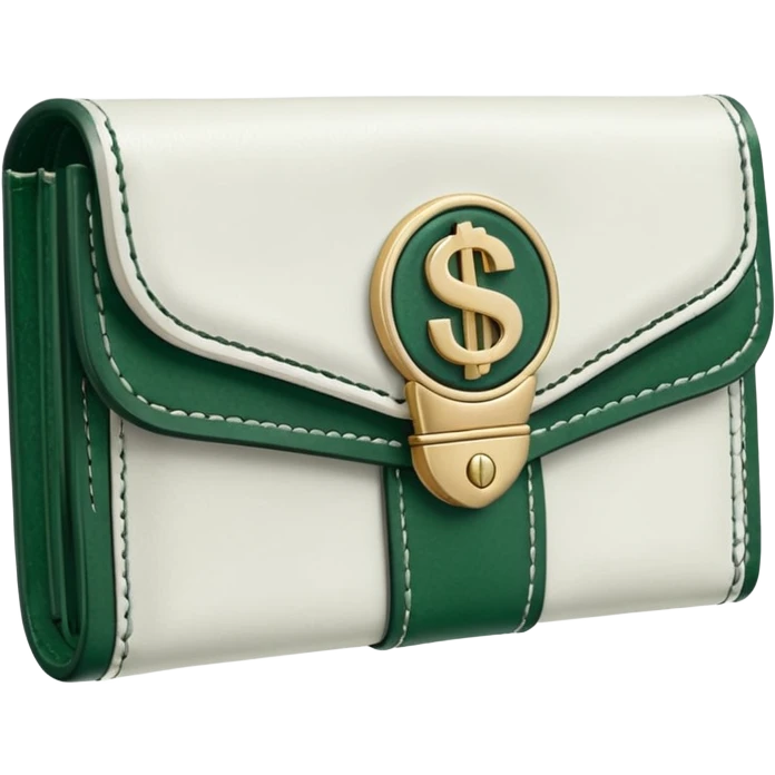 white wallet with dark green details, white dollar bills with dark green elements visible, no emojis emoji