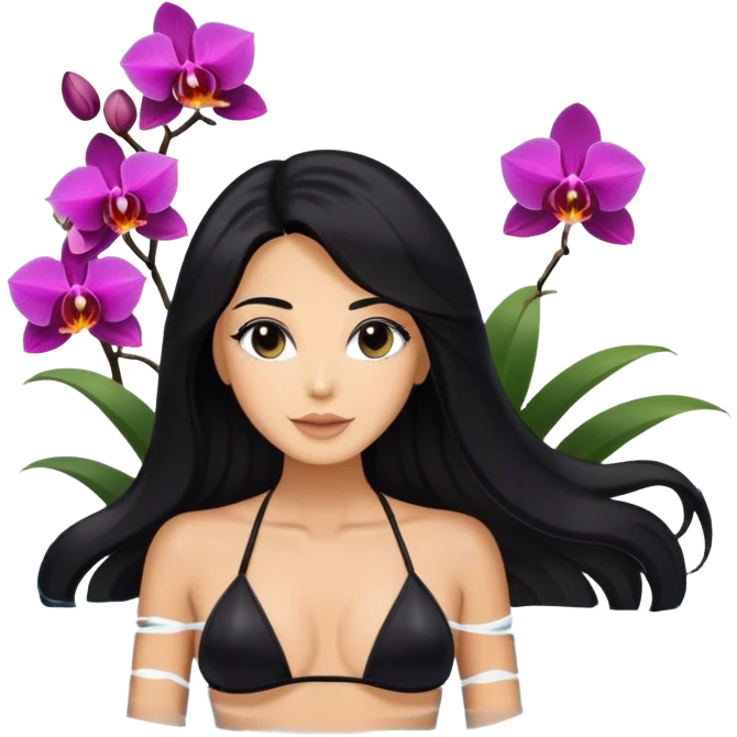 long black hair tanned woman, black bikini, in water with orchids in water emoji