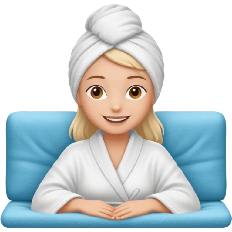 spa A contented and relaxed girl with a towel on her head in a white robe lies on a couch emoji