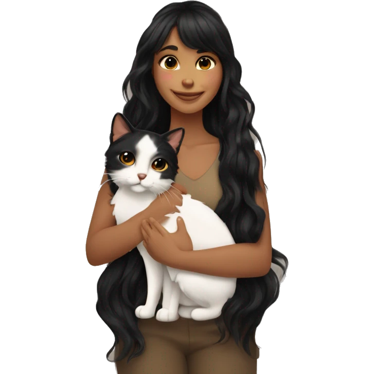 TAN SKIN GIRL with long black wavy hair and bangs HUGGING HER CALICO CAT  emoji