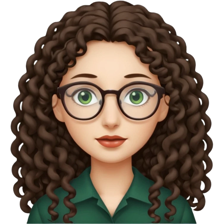 rapariga, olhos verdes escuros, cara comprida, cabelos muito compridos aos caracóis, com óculos emoji