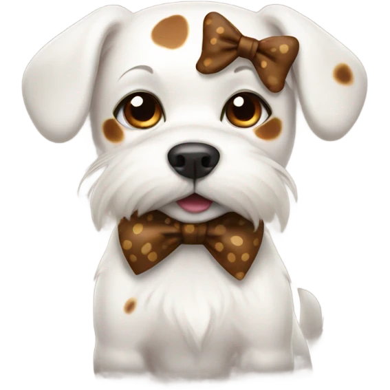 White dog with brown spots with a bow emoji