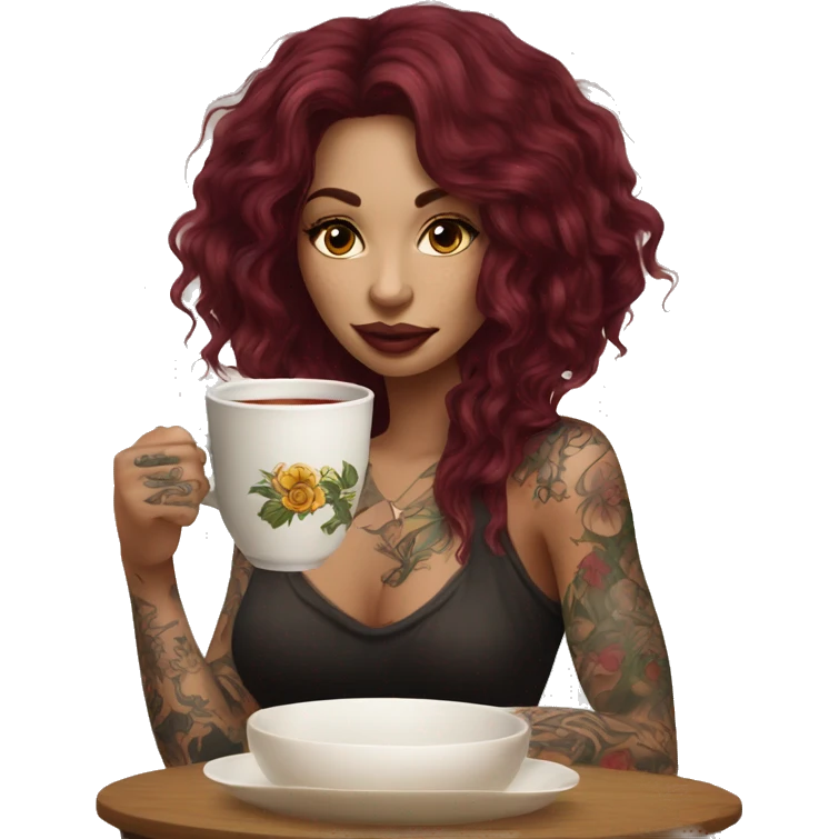 Beautiful tattooed  burgundy long haired woman sipping tea emoji