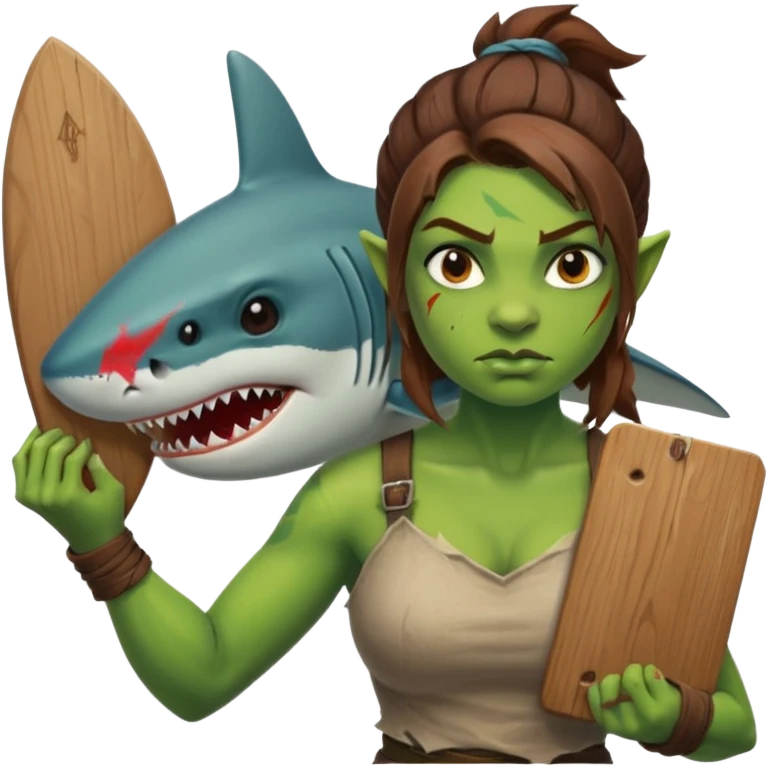 orc female holds a board with a shark painted vertically in his hands emoji