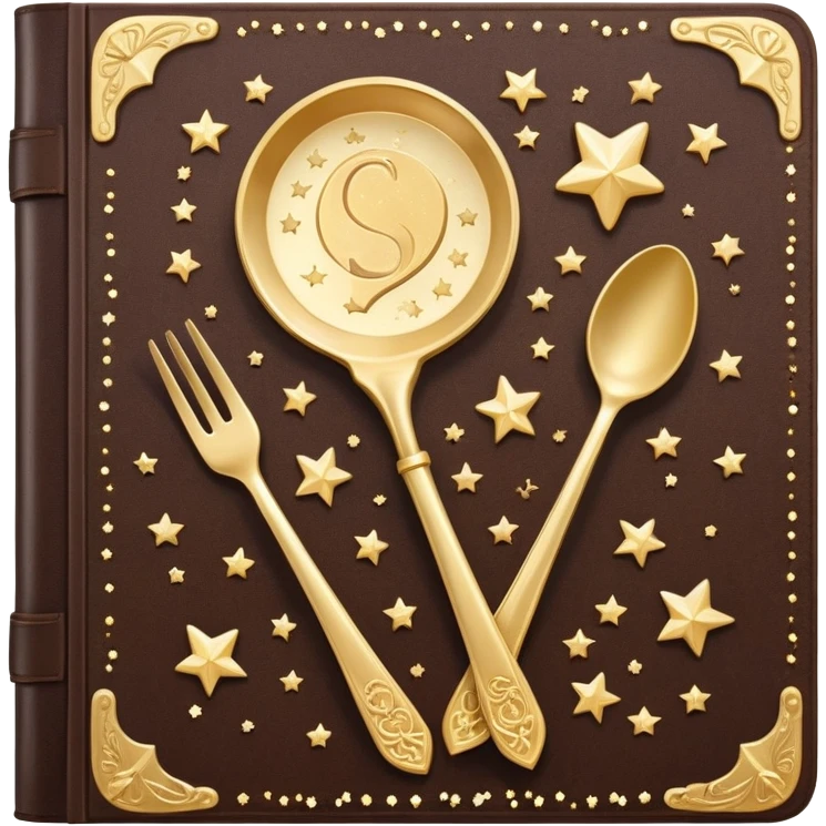 Magical glowing cookbook with a sparkling fork and spoon symbol on the cover, surrounded by tiny stars and magical sparkles emoji