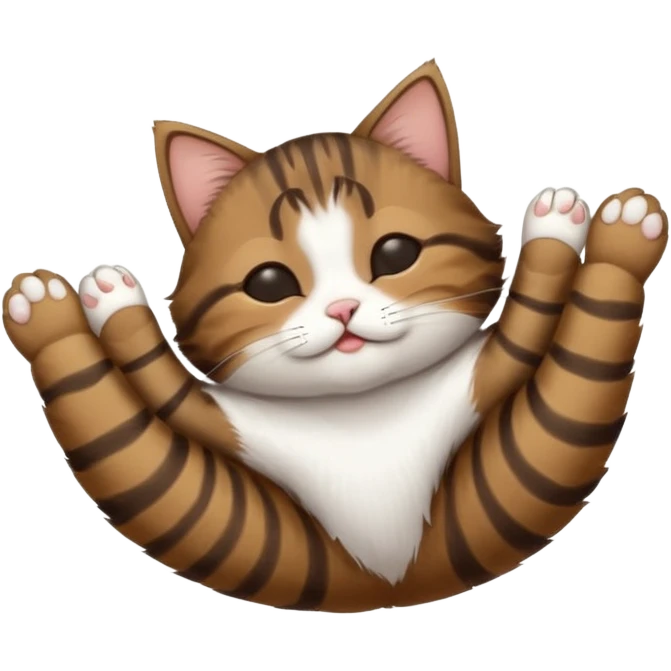 dark brown tabby and white small cat in funny positions upside down with eyes closed emoji