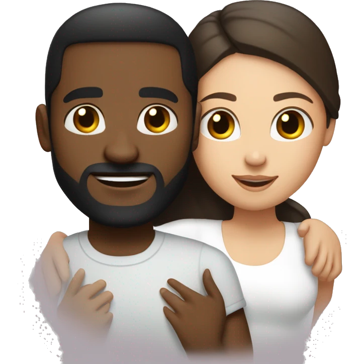 light skin woman with very long straight brown hair hugging black man with very short dark hair and a long dark beard wearing a white tshirt emoji