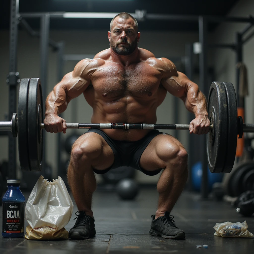 realistic bodybuilder in gym performing heavy squats, prominent veins, heavy sweat, water bottle labeled 'BCAA', bag with vials and needles visible, intense atmosphere emoji