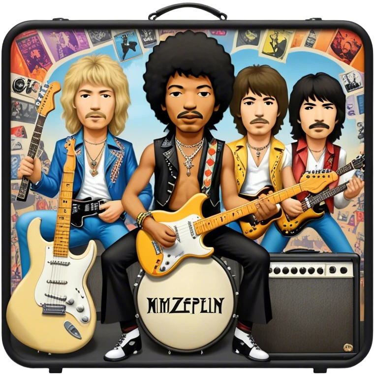 Rock music icon: powerful stage with electric guitars, drums, and amplifiers. Collage of rock icons—Jimi Hendrix, Led Zeppelin, Nirvana, and The Rolling Stones—symbolizing the energy and rebellion of rock. Transparent background. emoji