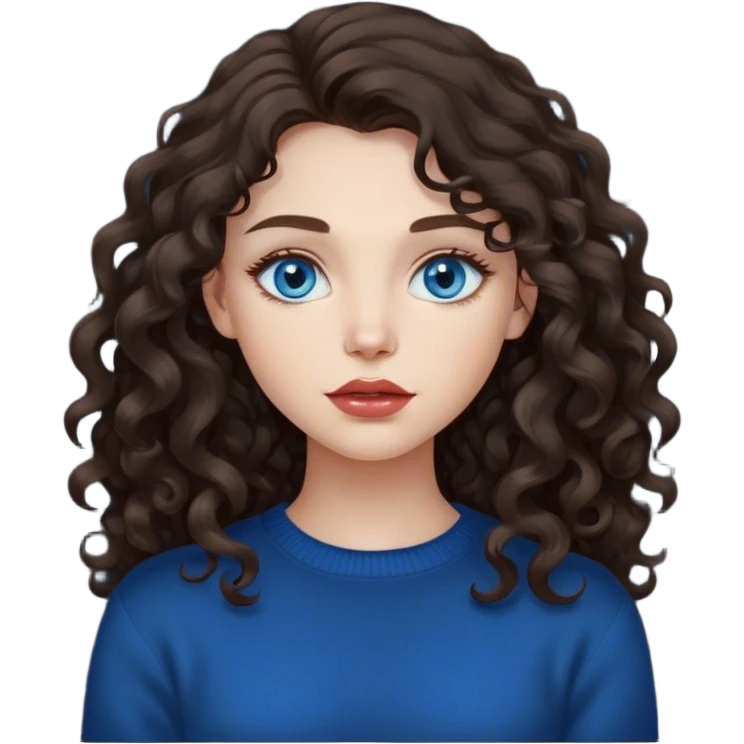 girl with long, lush, lightly curly dark brown hair, big lips and blue eyes, black sweater emoji