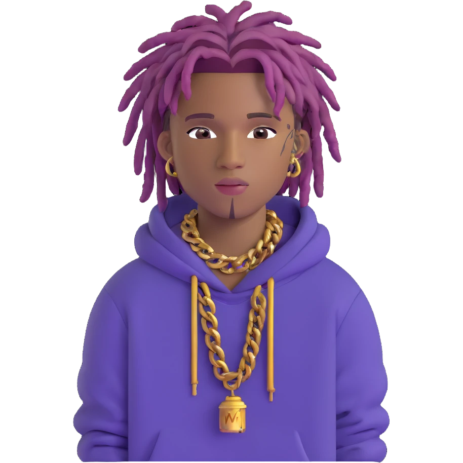 Juice WRLD with purple dreadlocks, designer hoodie, gold chains, and signature style emoji