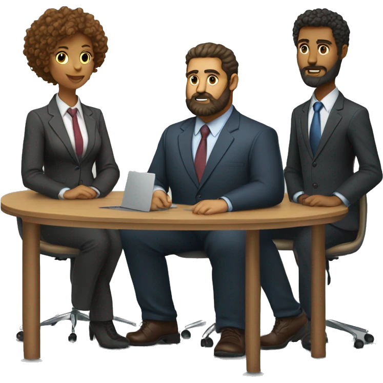 work meeting table 3 men and 4 women sitting on a table wearing suits the women have curly hair and one of the men is fat with a beard and of them is tanned with curly hair emoji