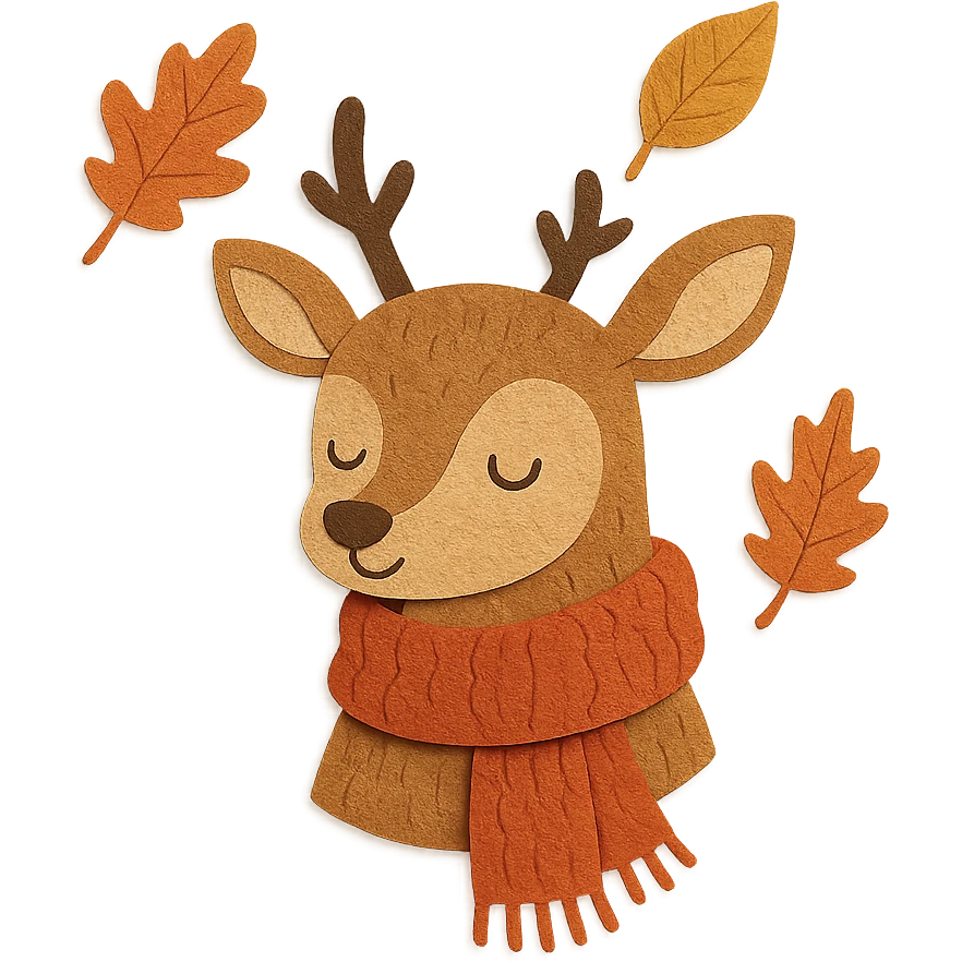 deer in a wooly scarf among falling leaves, cozy fall palette, paper-craft style emoji