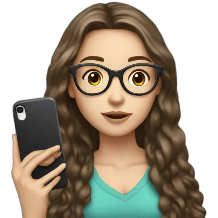 brunette white girl with round glasses long hair taking a selfie emoji