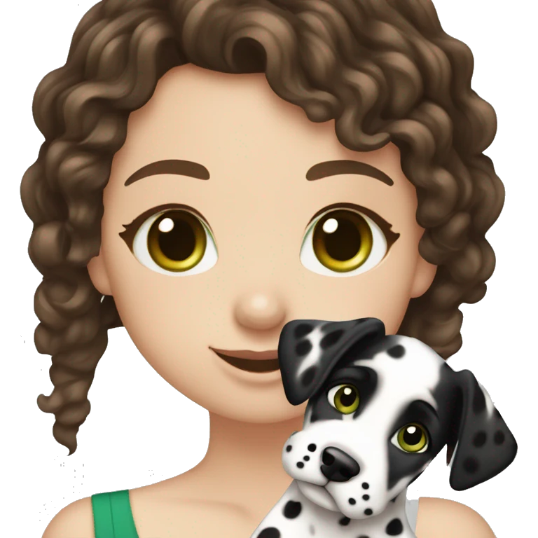 White girl with dark brown curly hair and green eyes is holding Dalmatian puppy emoji
