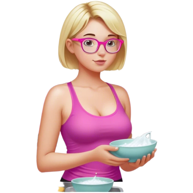 Intimate, Curvy fair and freckled skinned woman, short blond hair, small light purple reading glasses, washing dishes, short flowing sheer hot pink tank top, without undergarments SFW, black yoga pants, thick booty emoji