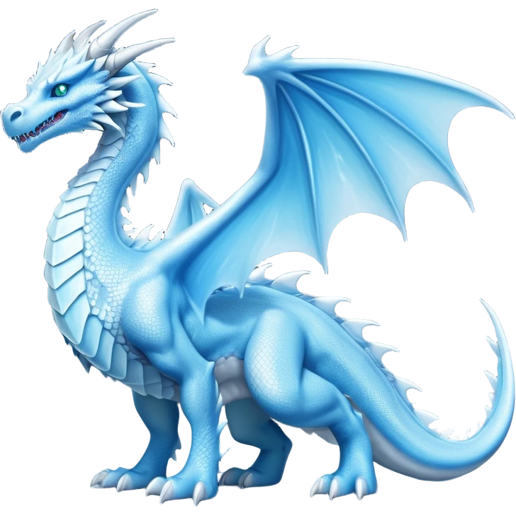 Cinematic Noble wise elegant Ice Dragon full body  Emoji, Poised and imposing, distinct long elegant snout, with a slender, scaled body shimmering in glacial hues of icy blue, frostbitten silver, and crystalline white, breathing out frost, with piercing, glowing ice blue white eyes that radiate the chilling depths of an arctic storm; rendered in detail. excuding wisdom emoji