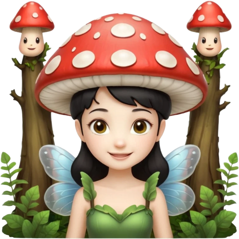 mushroom fairy portrait, head and shoulders only, wearing a large mushroom cap hat, tiny glowing wings visible behind shoulders, cute magical smile, forest fantasy vibe, 3D cartoon, mobile game icon style, clean background, no text, no watermark.balck hair emoji