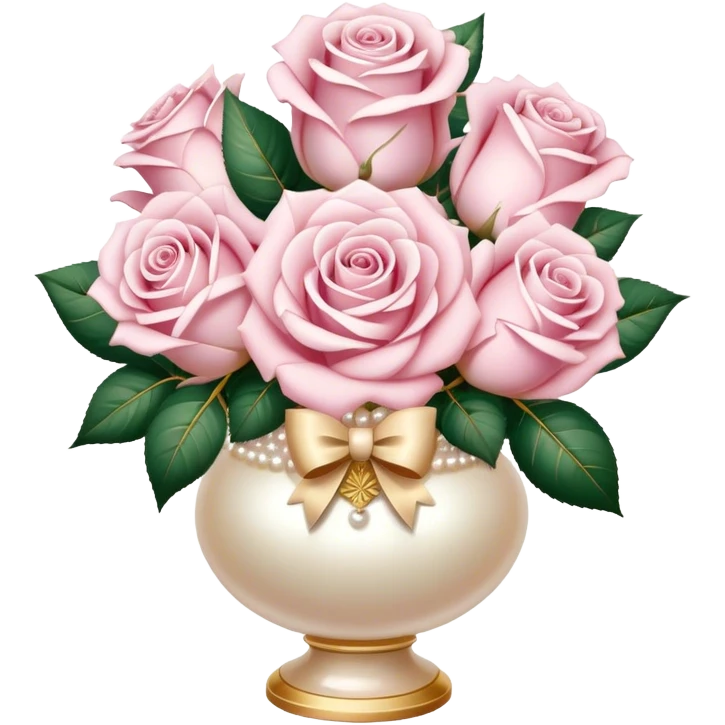 Realistic aesthetic three powder pink and three white rose bouquet  in a pearl vintage vase and a beige bow with gold decoration  emoji