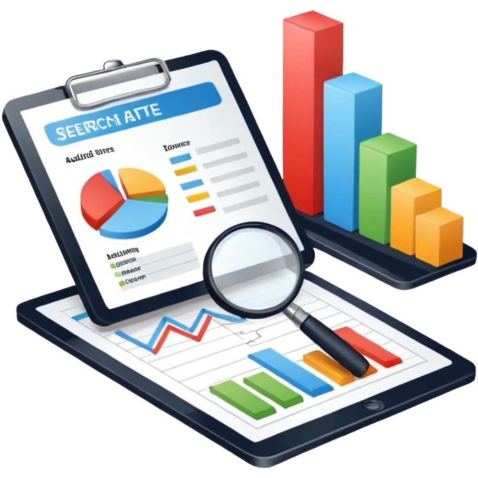 Checking and auditing estimate documents with search icon and infographic chart emoji