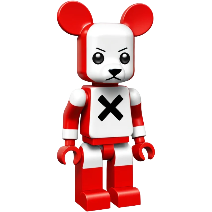 Lego bearbrick with X crosses for eyes, big ears, oversized boots, long limbs, exaggerated proportions, blocky Lego style emoji