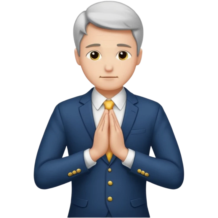 Man formally dressed, put both hands on top of navel and bows emoji