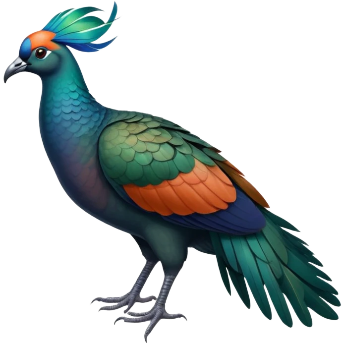 Nicobar pigeon with iridescent blue-green feathers, long neck feathers, bright orange beak, and white tail emoji